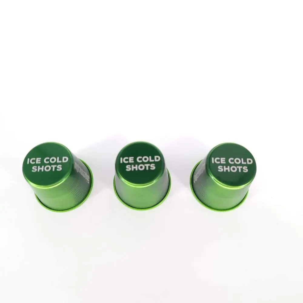 Three Green Jägermeister Color Changing Reusable Aluminum 1 oz Shot Glasses NWOT